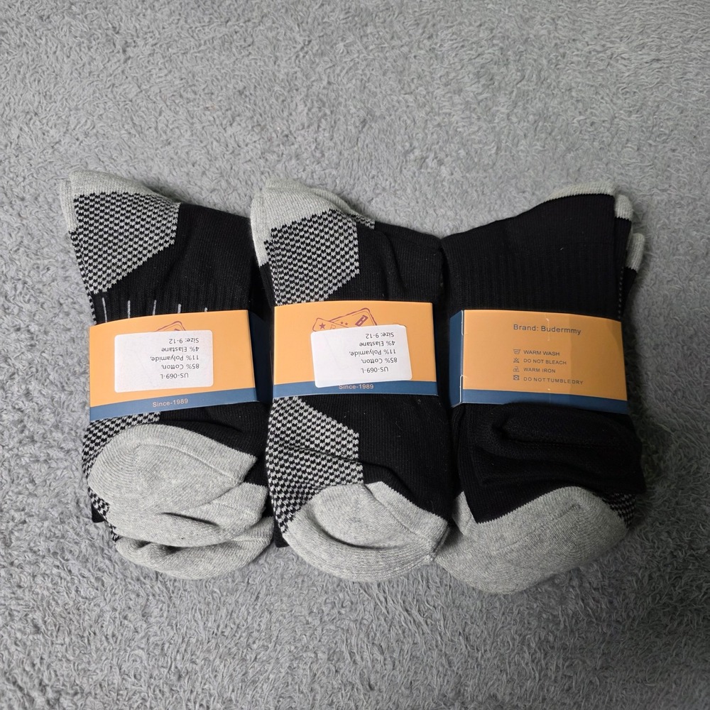 Budermmy Mens 9-12 Crew Socks Black Grey 3-Pack Athletic US-069-L